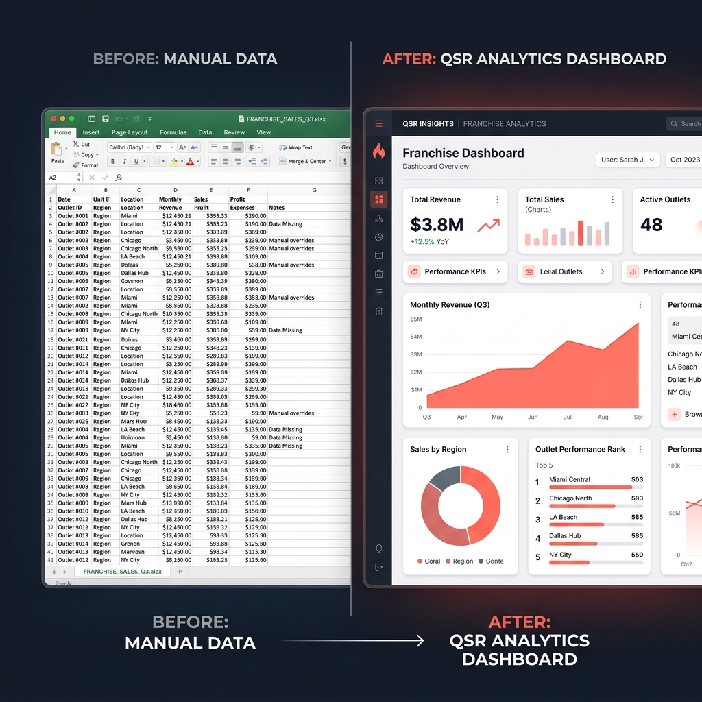 Franchise Operations Before and After ERP Custom Dashboard